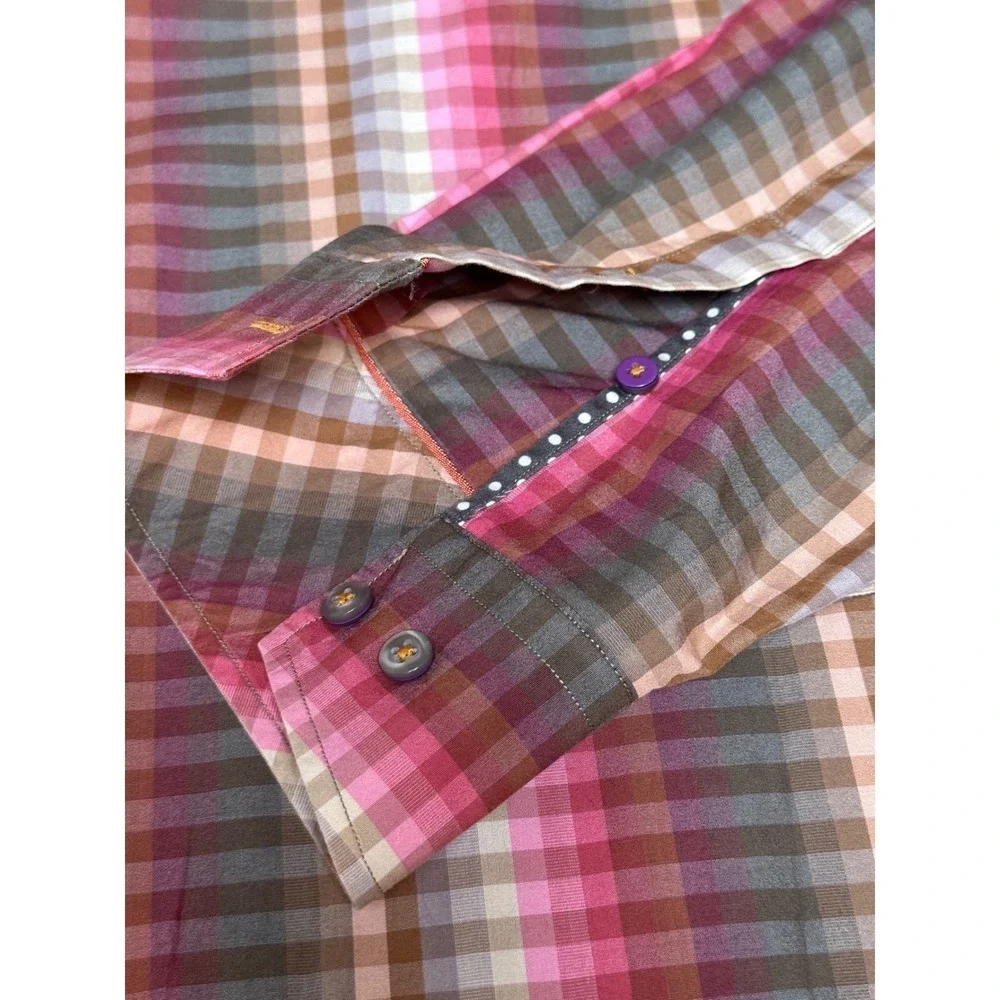 Tommy Bahama Mens XL Plaid Long Sleeve Button‎ Down Shirt Pink Brown Gray Cotton